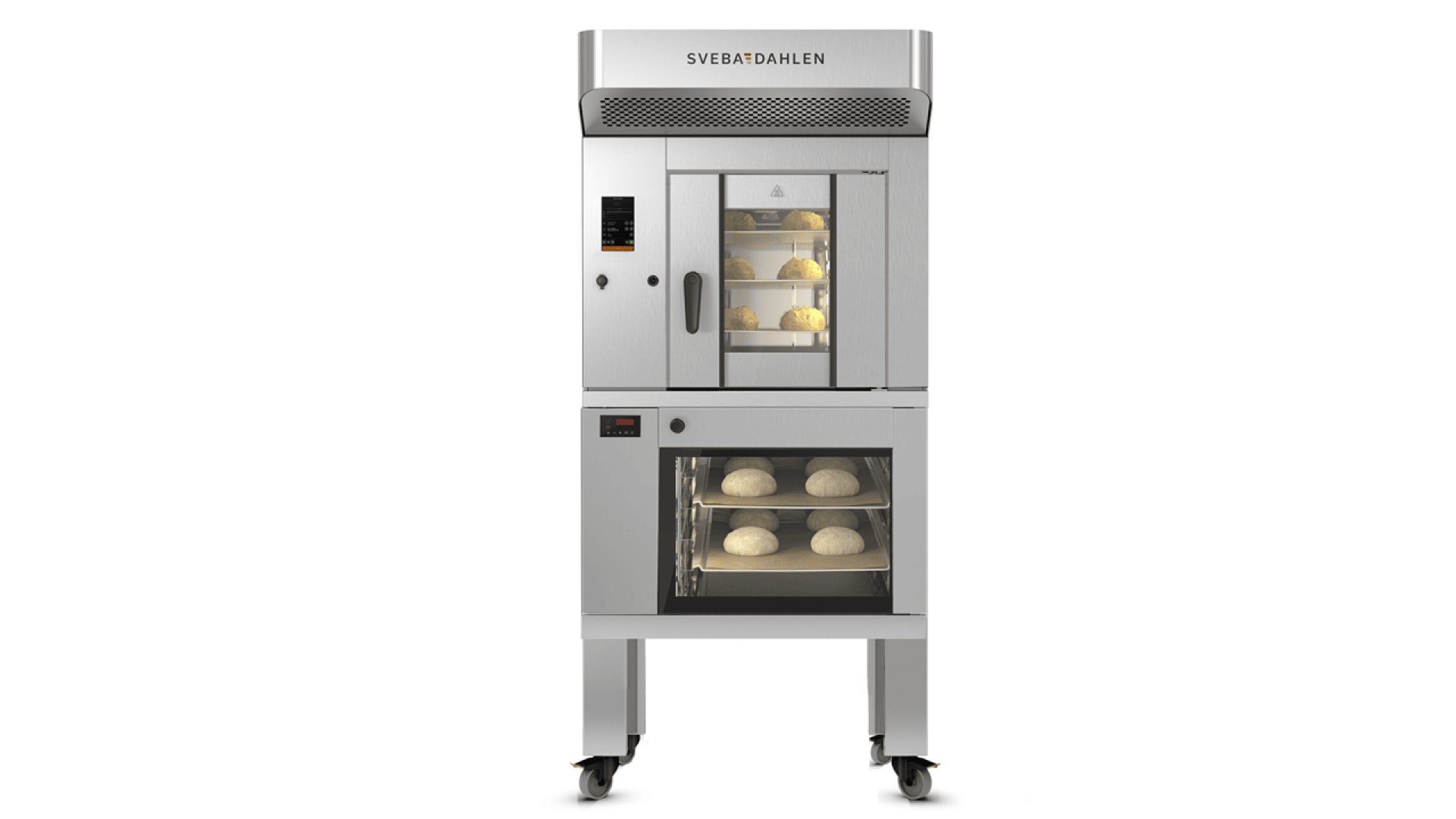 A commercial stainless steel oven with two compartments, each containing trays of rising dough, positioned on wheels for mobility. The oven is labeled Sveba Dahlen at the top.