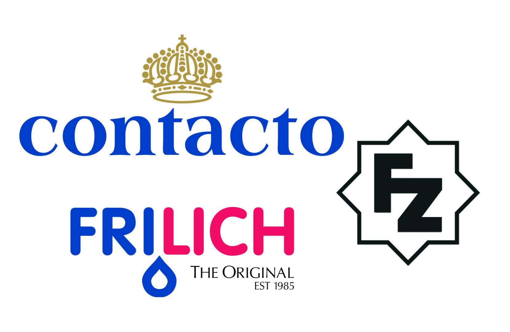 Drei Logos: Contacto in Blau mit einer goldenen Krone darüber, FRILICH in Blau und Pink mit einem blauen Wassertropfen und THE ORIGINAL EST 1985 darunter sowie ein schwarzes geometrisches FZ-Emblem auf der rechten Seite.