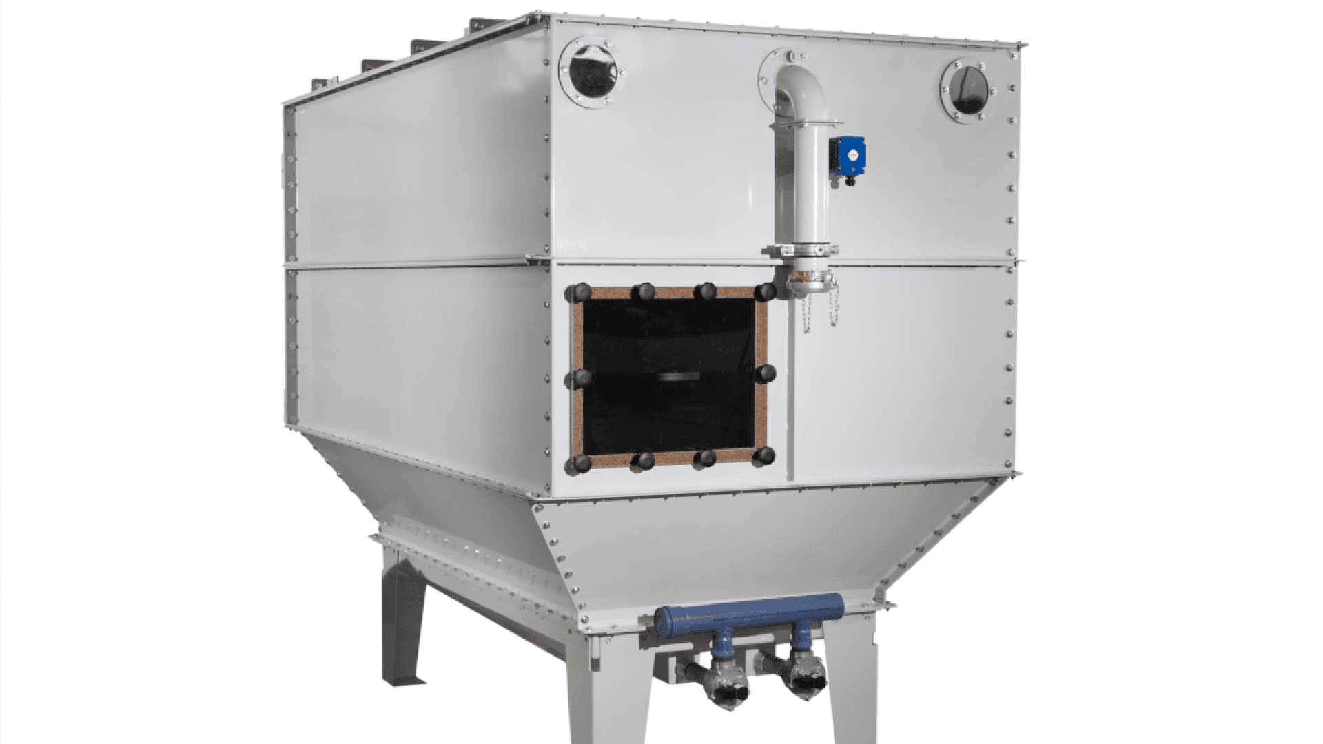 Large industrial rectangular metal tank with a window on the front, pipes and valves attached, and supported by sturdy legs; used for processing or filtration purposes.