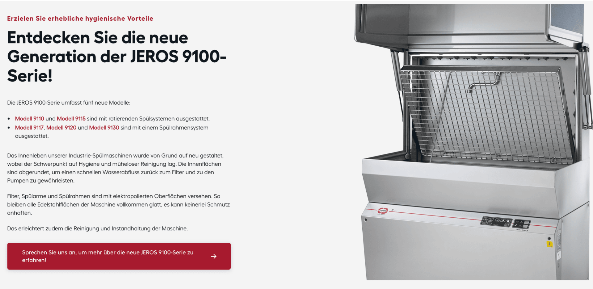 Auf der rechten Seite ist ein gewerblicher Geschirrspüler mit geöffneter Tür abgebildet. Links wird in deutscher Sprache die neue Generation der Geschirrspüler der Serie JEROS 9100 vorgestellt und ihre Merkmale in roter und schwarzer Schrift hervorgehoben.