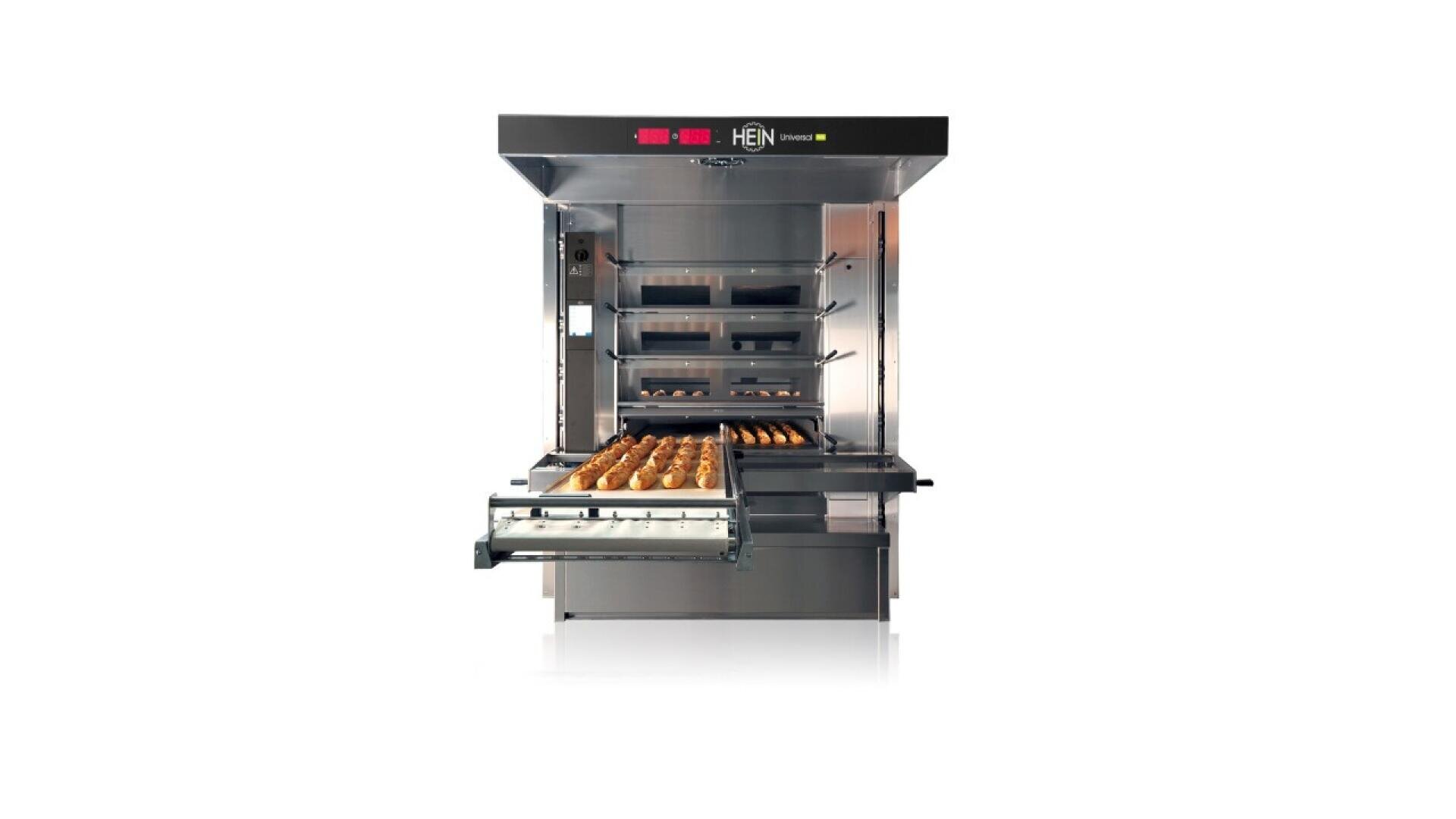A commercial bakery oven with several metal racks, one of which is pulled out, holding rows of baked bread rolls. The oven has a stainless steel exterior and digital controls at the top.