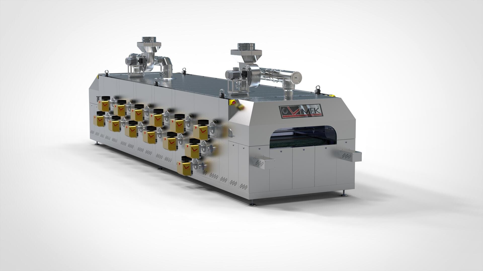 A large industrial food processing machine with multiple yellow control units on the sides, metal piping on top, and a conveyor belt running through the center; the brand name OLYMEK is visible.
