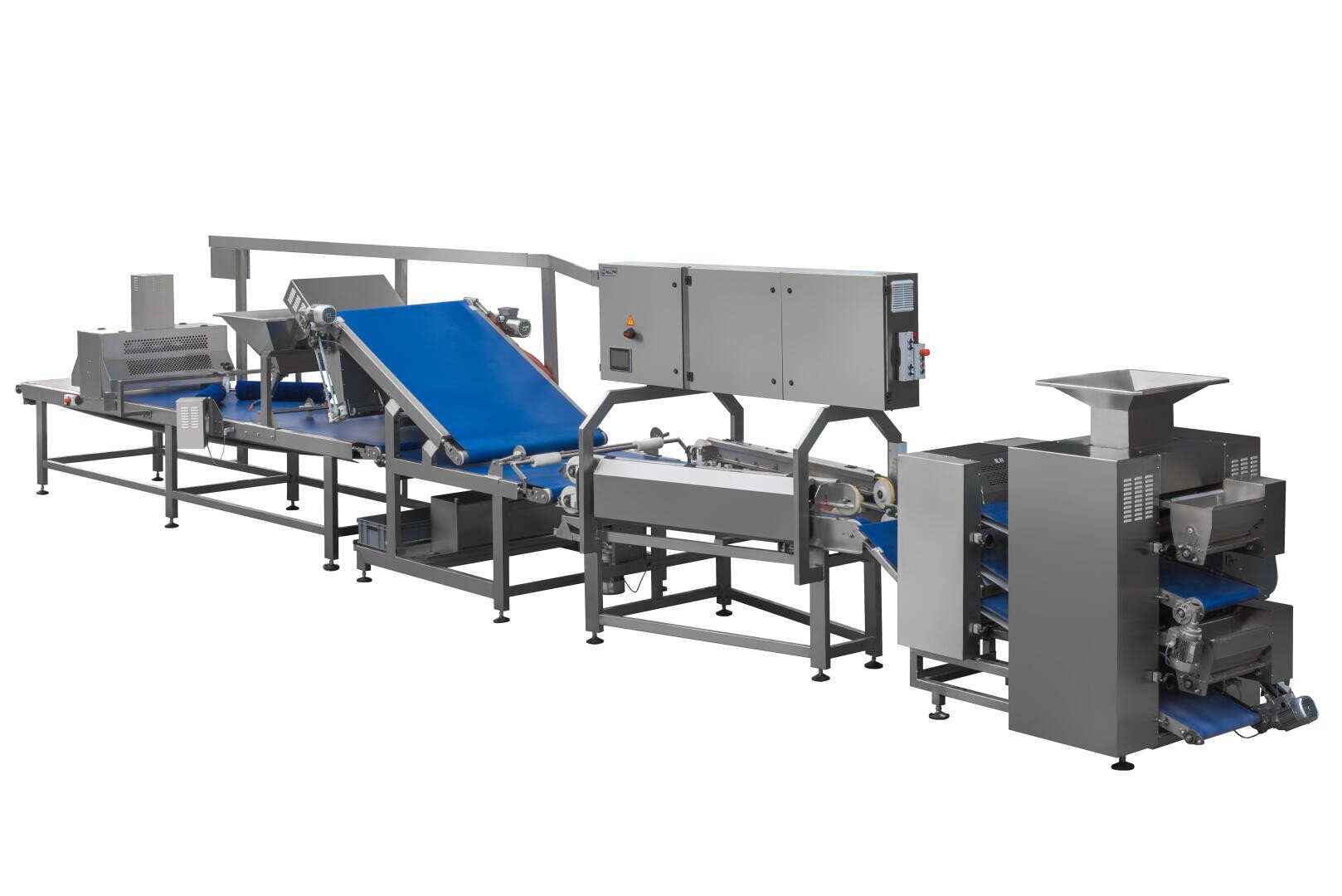 A large industrial food processing machine with multiple conveyor belts, metal frames, and control panels, designed for automated production in a factory setting.