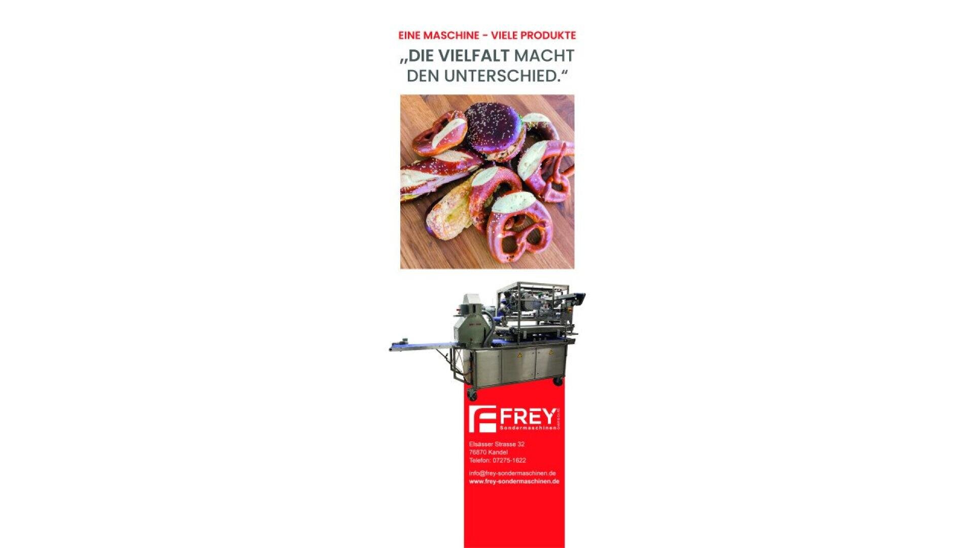 Advertisement with German text, a photo of assorted sausages, and an industrial food machine below; the FREY company logo and contact details are displayed on a red background at the bottom.
