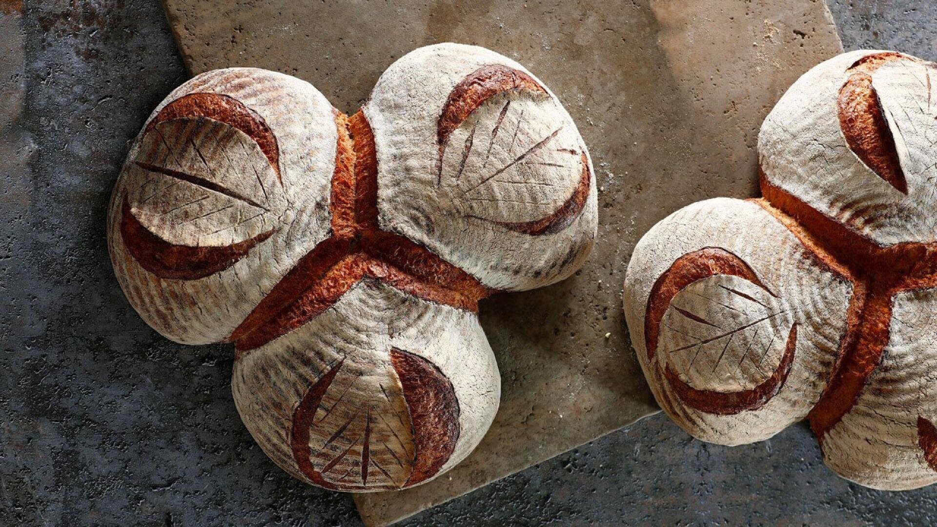 Two artisanal round loaves of bread with deep, decorative leaf and arc scoring patterns on their crusts, arranged on a textured dark surface.