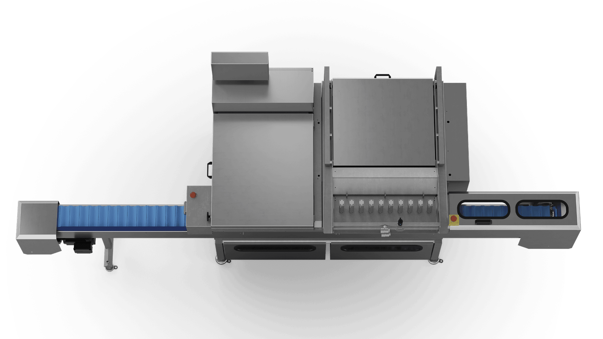 Draufsicht auf eine industrielle Lebensmittelverarbeitungsmaschine mit einem blauen Förderband, Edelstahlfächern und verschiedenen Bedienfeldern. Die Maschine scheint für die automatisierte Produktion oder Verpackung konzipiert zu sein.