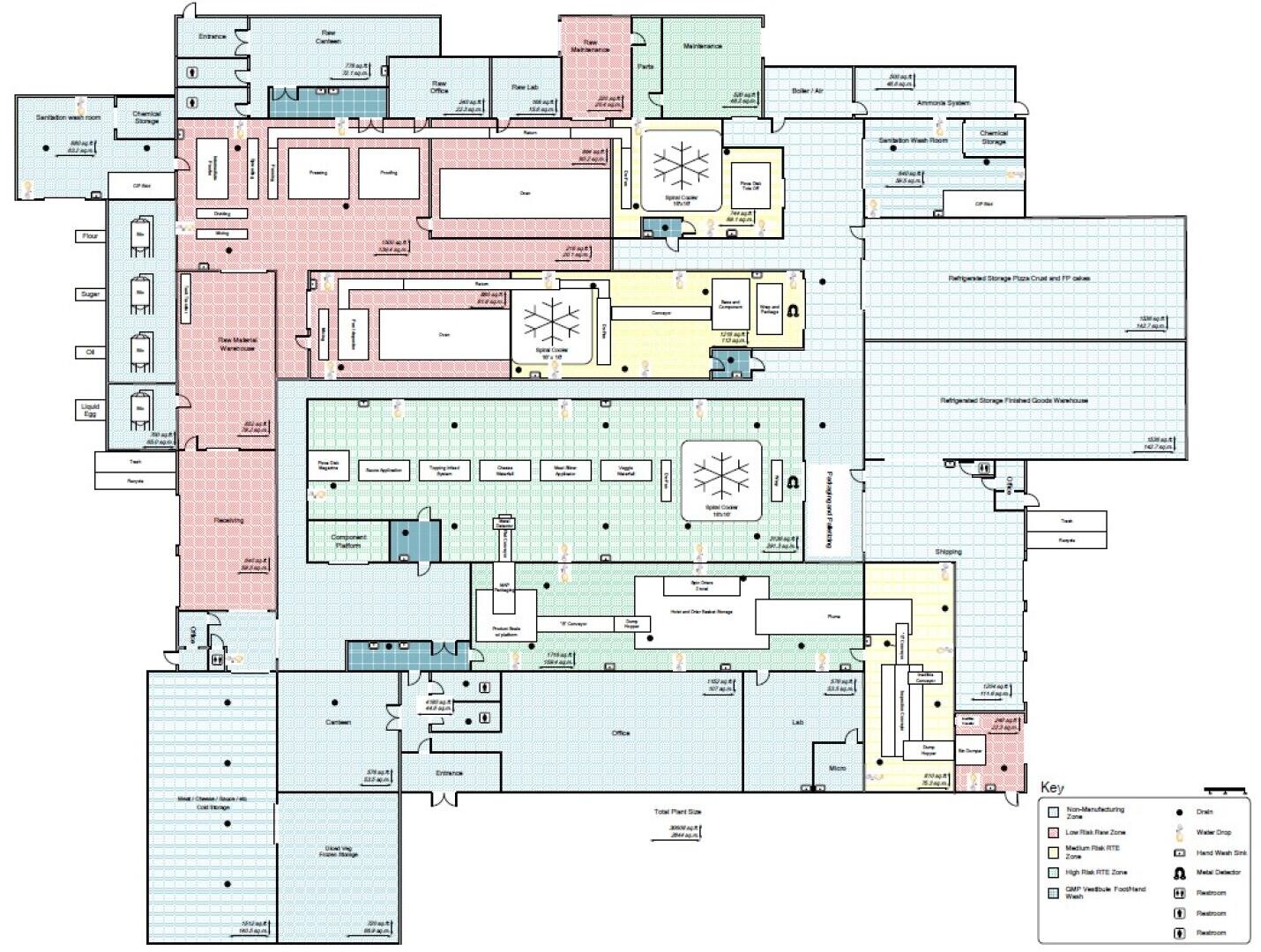 Floor plan of a large building with color-coded areas, labeled rooms, hallways, restrooms, entrances, and a key for different sections such as clinics, labs, exam rooms, and waiting areas.