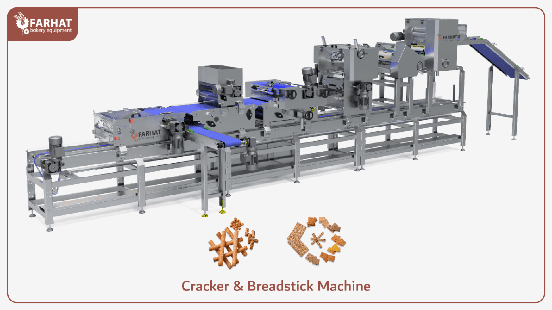 Industrielle Cracker- und Brotstangenmaschine mit Förderbändern und Verarbeitungseinheiten, dargestellt in einem sauberen, beschrifteten Diagramm. Das Logo von Farhat Bakery Equipment und die Grafiken für Cracker und Brotstangen sind am unteren Rand eingefügt.