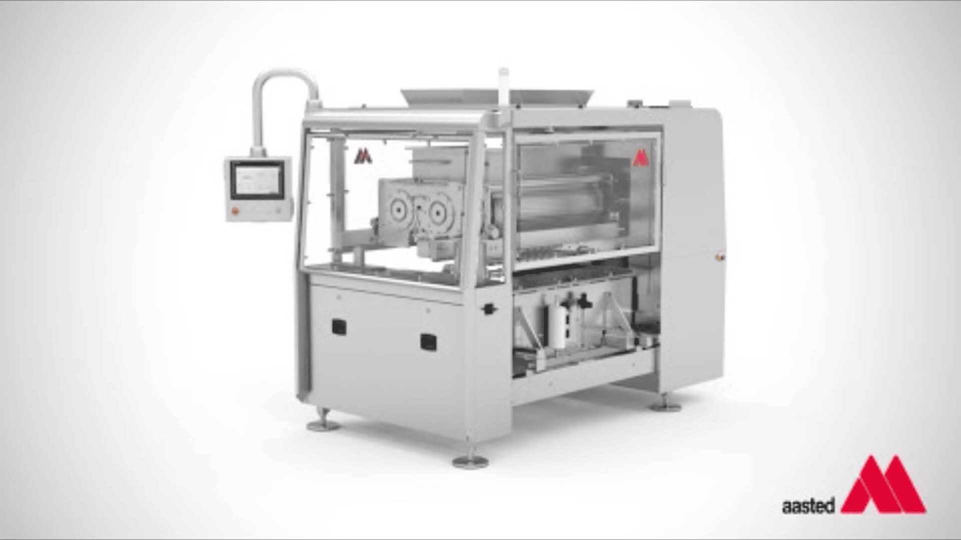 A large industrial machine with a control panel on the left, clear protective panels, and metal components inside. The machine is silver with the aasted logo and branding in red on the top right and bottom right corners.