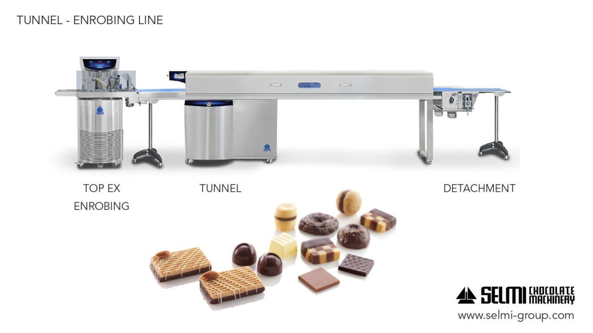 Image of a chocolate enrobing tunnel line, featuring enrobing, tunnel, and detachment sections, with assorted chocolates displayed below. Selmi Chocolate Machinery logo and website are shown in the corner.