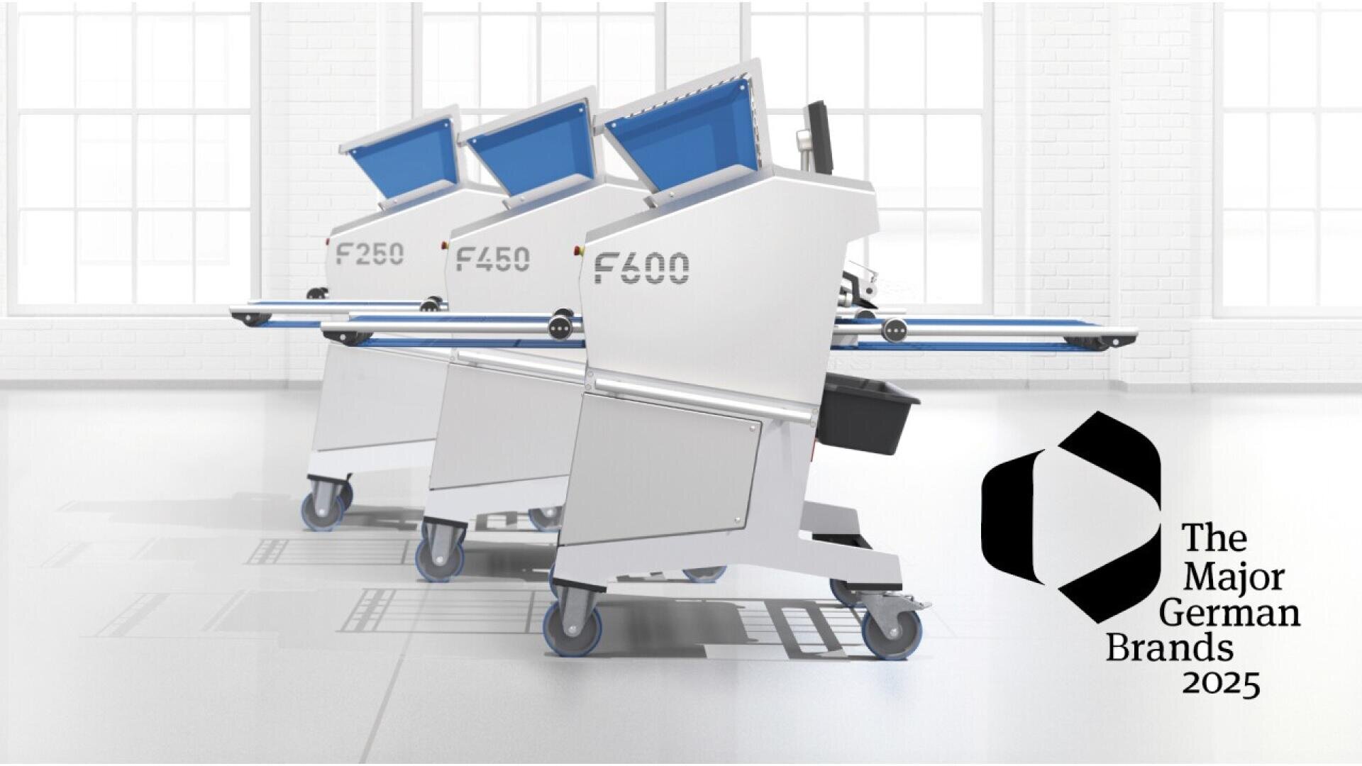 Three modern, metallic machines labeled F250, F450, and F600 are lined up in a bright, white room. The text The Major German Brands 2025 with a geometric logo is displayed on the right side.