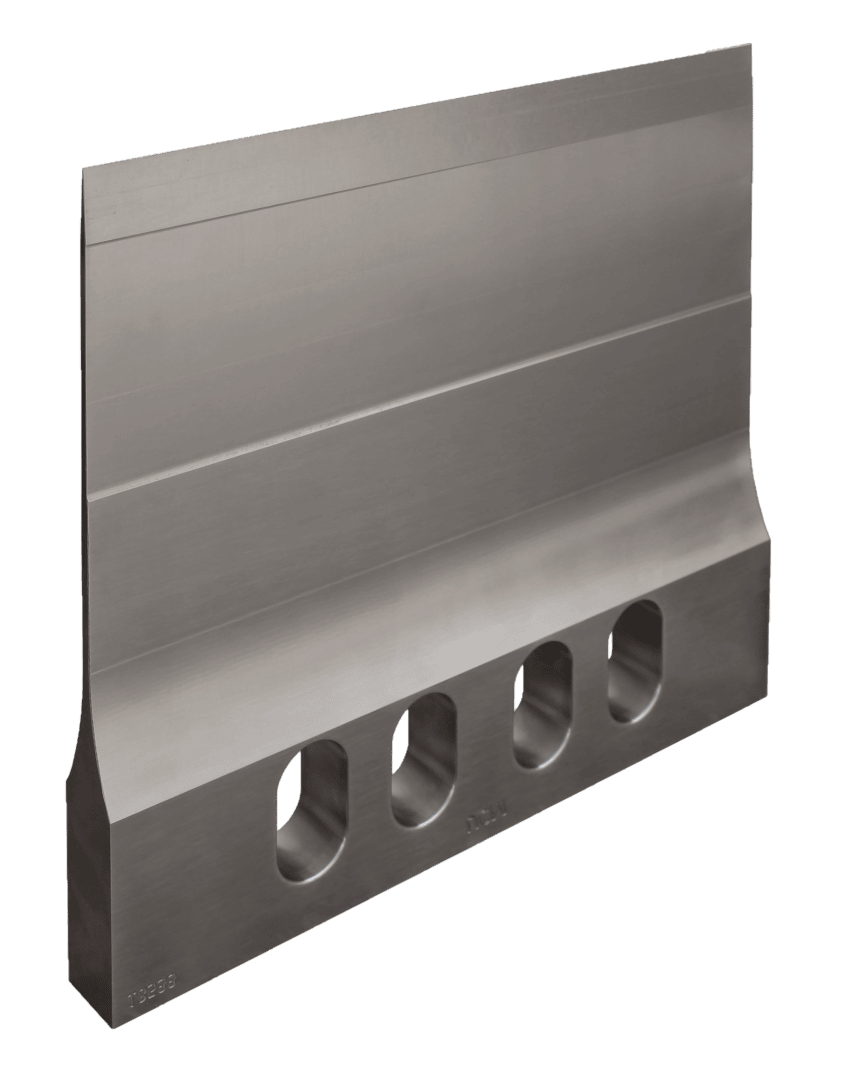 A polished metal industrial blade with a sharp edge and four oval-shaped holes along its base, set against a transparent background.