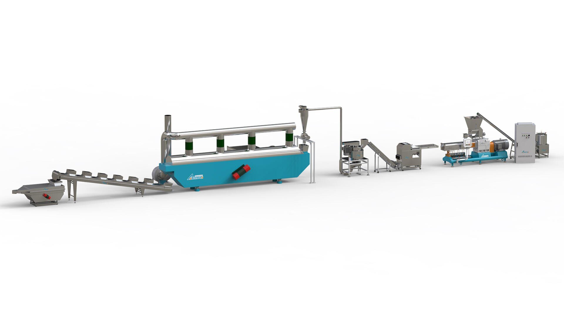 A large, industrial food processing machine with multiple connected sections, including conveyor belts, hoppers, and metal structures, mostly colored blue and silver, set against a plain white background.