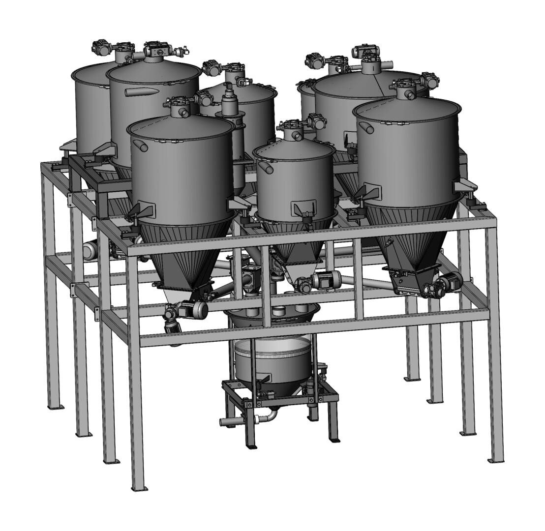 3D rendering of an industrial processing system with six large cylindrical tanks on a metal frame, connected by pipes and valves, and a smaller vessel below, likely used for mixing or material handling.