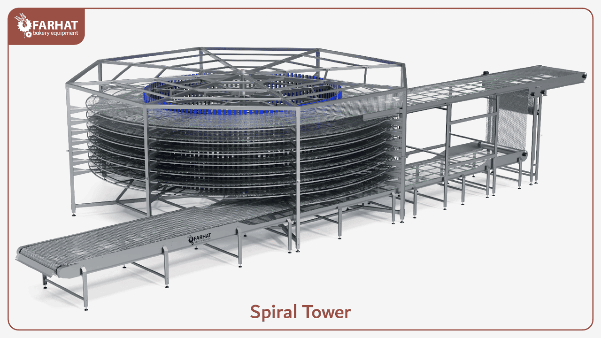 Ein großes, industrielles Spiral-Turmfördersystem aus Metall mit mehreren übereinander angeordneten kreisförmigen Förderbändern und einem angeschlossenen geraden Förderband, das für die Lebensmittelverarbeitung oder zum Backen verwendet wird. Das Logo von Farhat Bakery Equipment ist sichtbar.