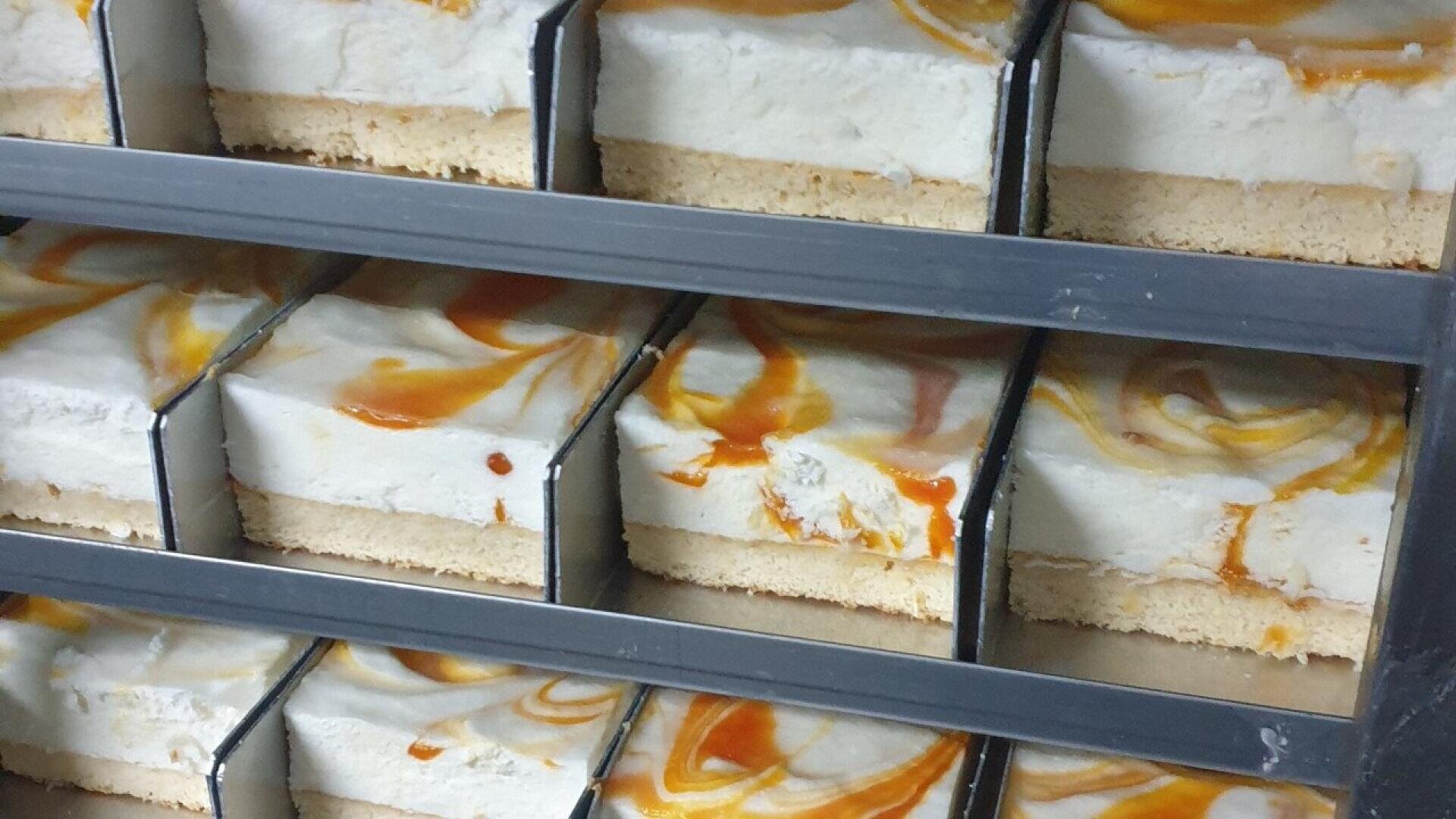 Slices of dessert bars with a creamy white layer, caramel swirls, and a crumbly base are arranged neatly in metal trays on multiple shelves.