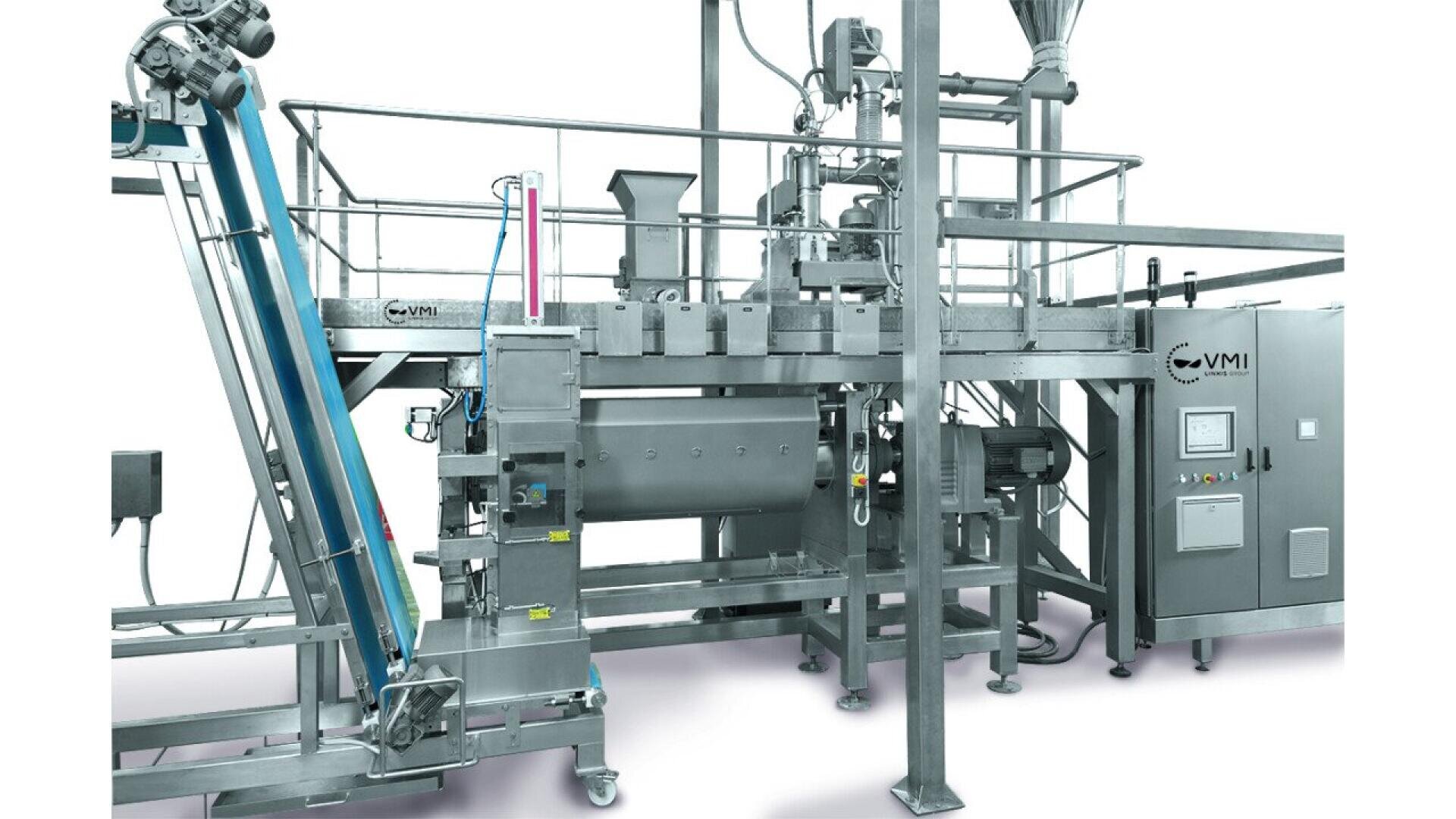 Große industrielle Lebensmittelverarbeitungsmaschine aus rostfreiem Stahl mit Förderbändern, Rohren, einer Mischkammer, Schalttafel und Stützkonstruktionen, die für das automatische Mischen oder die Produktion in einer Fabrik verwendet wird.