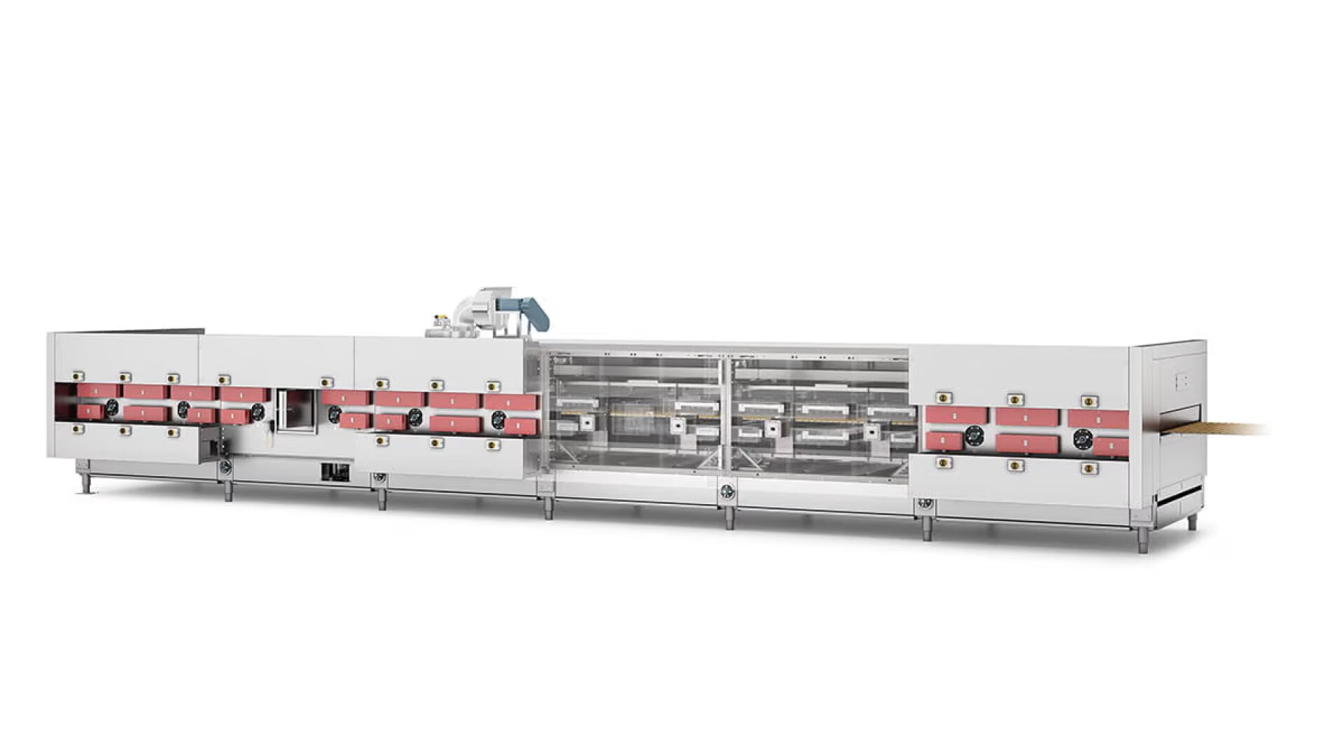 Eine große industrielle Lebensmittelverarbeitungsmaschine mit einem Edelstahlgehäuse, mehreren Fächern, einem transparenten Mittelteil und Bedienknöpfen, die für automatisierte Back- oder Kochprozesse konzipiert ist.