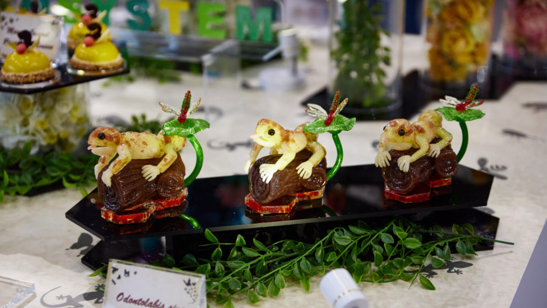 Drei kunstvolle Desserts in Form von Fröschen, die auf Schokoladenstämmen mit essbaren Libellen sitzen, stehen auf einem Tisch, der mit grünen Blättern und anderem Gebäck im Hintergrund dekoriert ist.