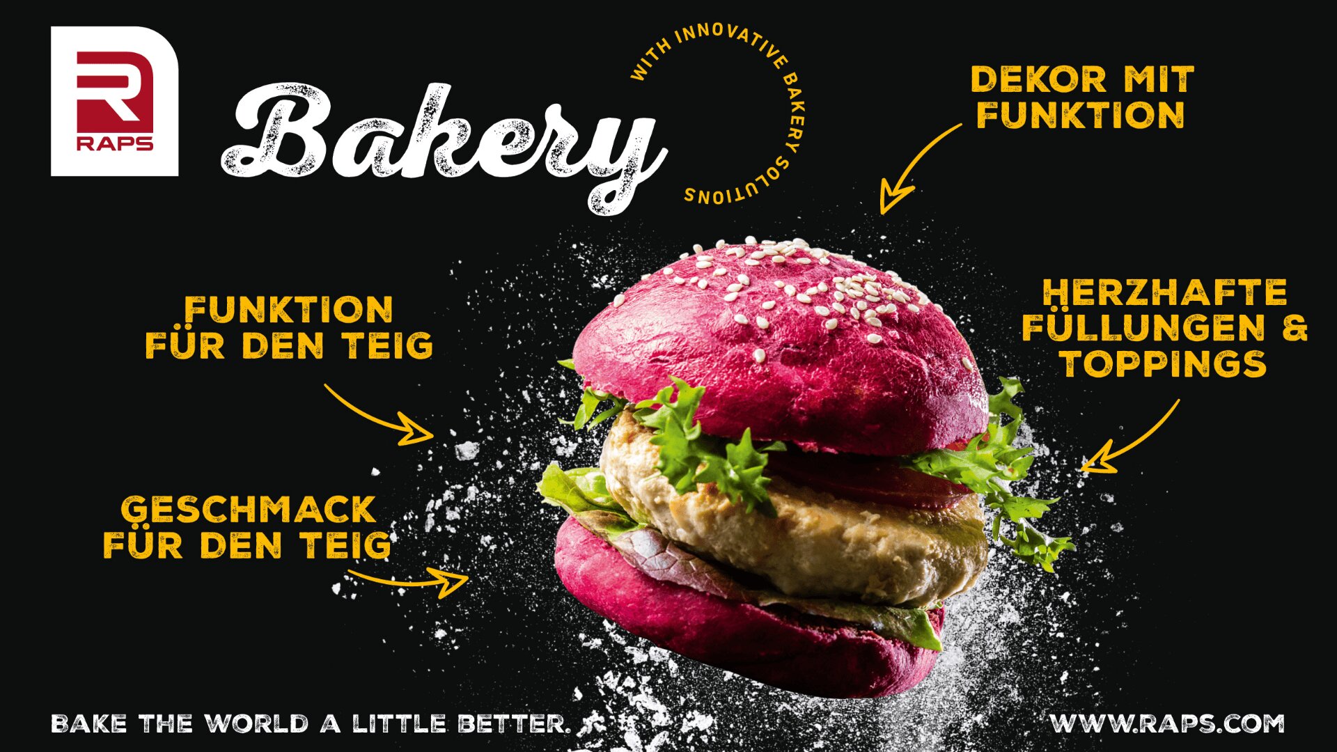 Ein leuchtender Burger mit einem rosa Brötchen, grünem Salat und einem Hähnchenbrötchen ist von einem deutschen Text umgeben, der Lösungen für die Funktion des Teigs, den Geschmack, die Dekoration und die schmackhaften Füllungen beschreibt. Das RAPS-Logo und die Website erscheinen.