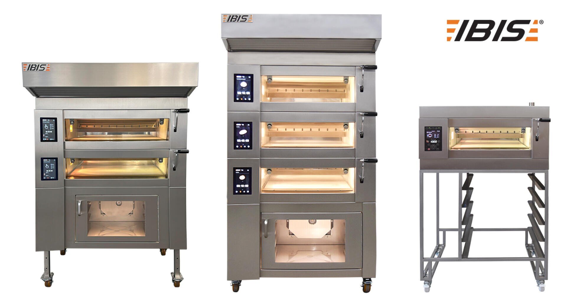 Three industrial stainless steel ovens of varying sizes and designs, each with digital controls and glass doors, are displayed on a white background with the IBIS logo in the top right corner.