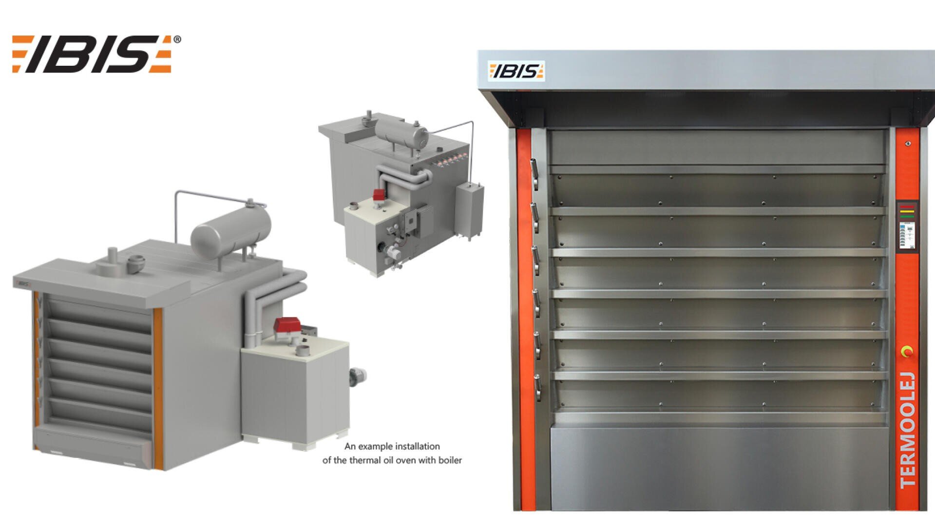 Illustration of the IBIS TERMOLEJ industrial oven with a front view, alongside diagrams showing its thermal oil heating system and boiler.