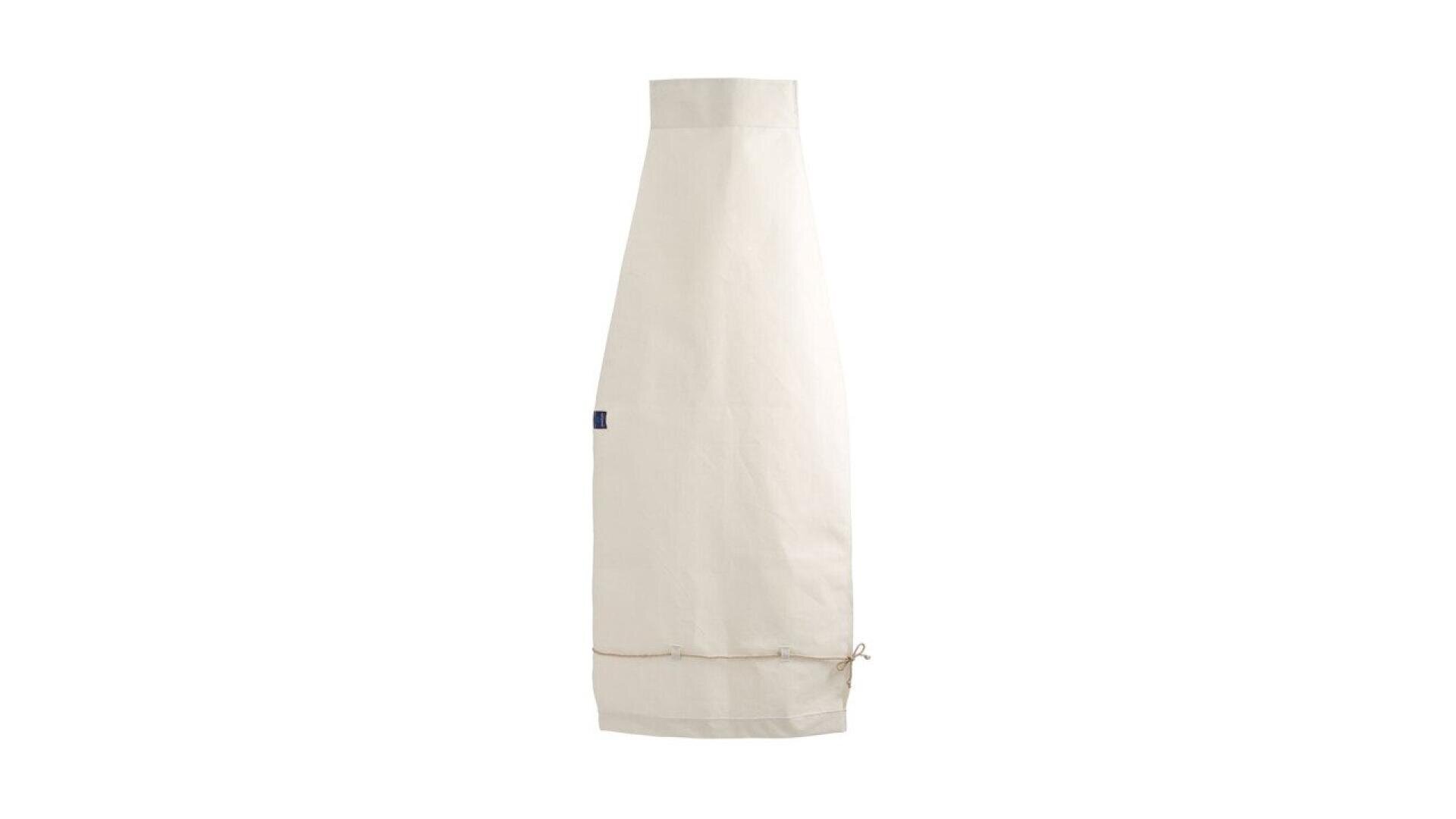 A plain, beige apron with a neck loop and a waist tie, displayed against a white background. The apron has a simple, minimalist design with a small dark tag on one side.