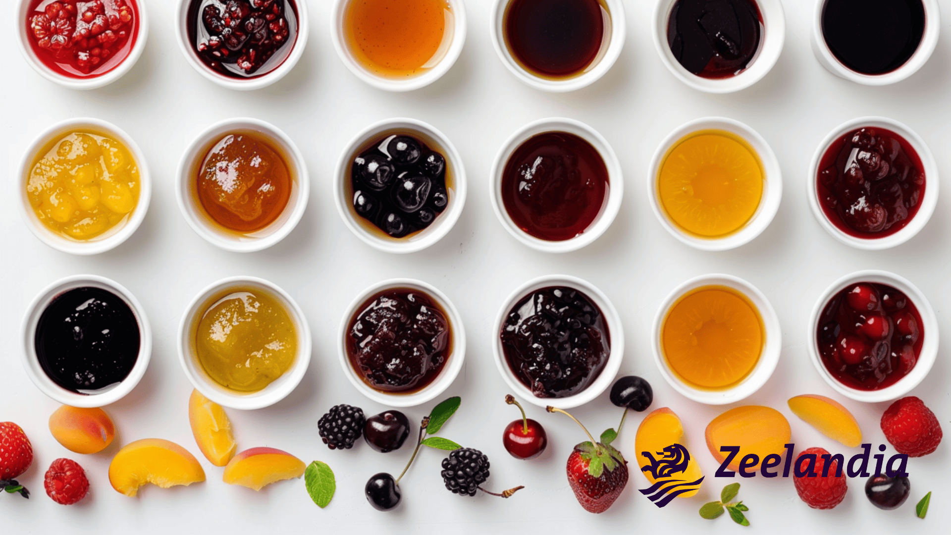 Eine Reihe kleiner weißer Schalen, gefüllt mit verschiedenen Fruchtmarmeladen und Konfitüren, in Reihen auf einer weißen Oberfläche angeordnet, umgeben von frischen Beeren, Pfirsichscheiben und dem Zeelandia-Logo in der unteren rechten Ecke.