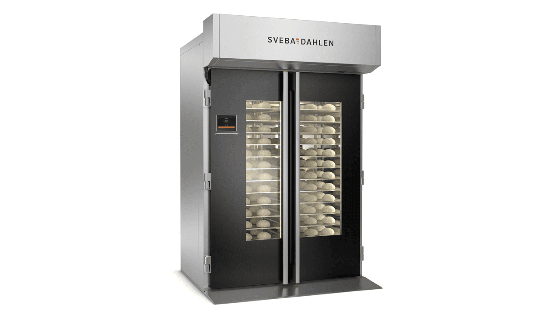 Großer gewerblicher Backofen mit doppelten Glastüren, oben mit SVEBA DAHLEN beschriftet, mit mehreren Blechen mit runden Teiglingen im Inneren, bereit zum Backen.