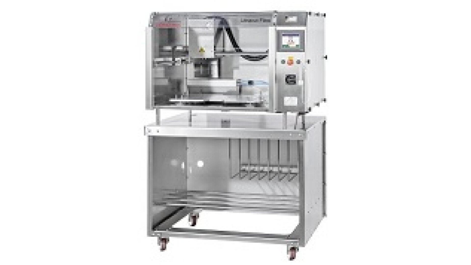 A stainless steel laboratory freeze dryer with a clear front panel, control screen, shelves, and lower storage area on wheels, designed for preserving samples.