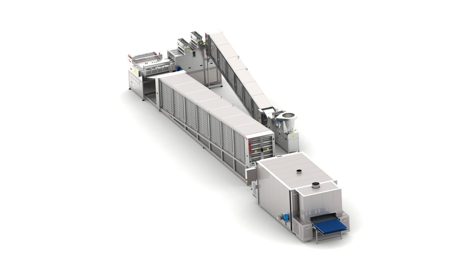 A large, industrial food processing machine with multiple conveyor belts, control panels, and metal enclosures, set against a white background.