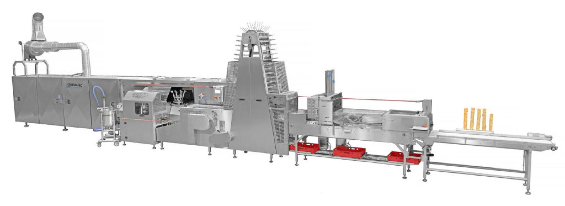 Eine große industrielle Bäckereimaschine mit mehreren Metallkomponenten und Förderbändern, die für die automatisierte Herstellung und Verpackung von Backwaren wie Brotstangen konzipiert ist, vor einem weißen Hintergrund.