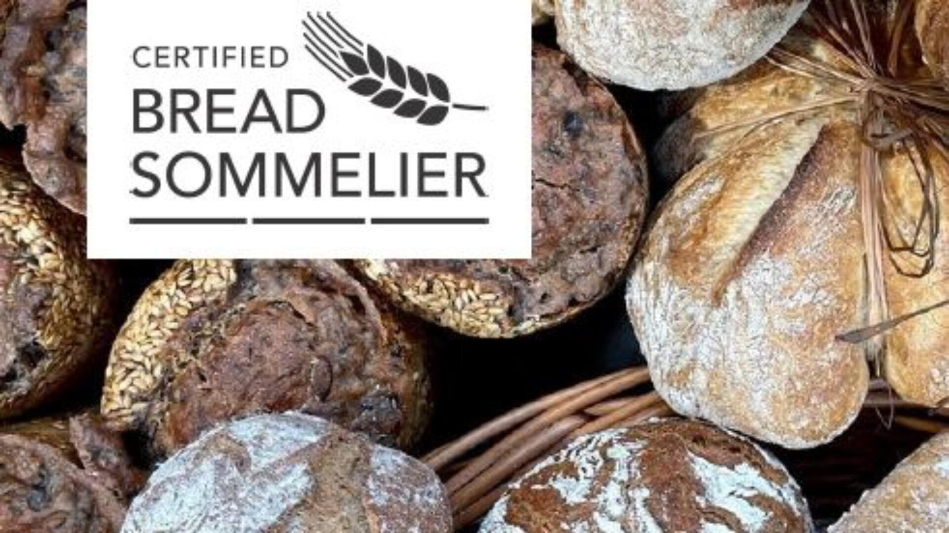 Verschiedene handwerklich hergestellte Brotlaibe in einem Korb, einige mit Körnern belegt, andere mit Mehl bestäubt. In der oberen linken Ecke erscheint das Logo "Certified Bread Sommelier" mit einer Weizengrafik.