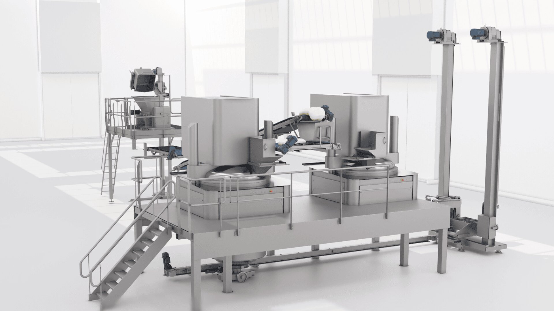 A modern industrial facility with large stainless steel machines, robotic arms, conveyor belts, and elevated platforms, all situated in a clean, brightly lit environment.