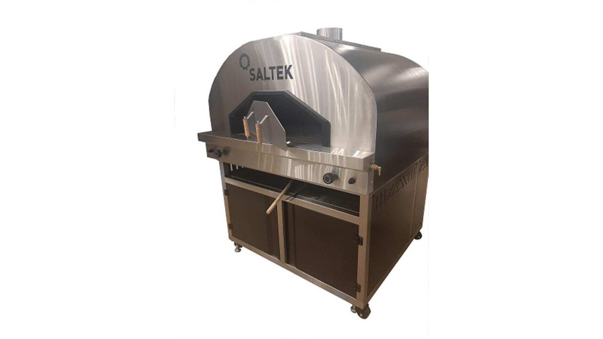 A large, stainless steel commercial pizza oven by Saltek with a domed top, chimney, large front opening, and storage cabinet below, mounted on wheels for mobility.