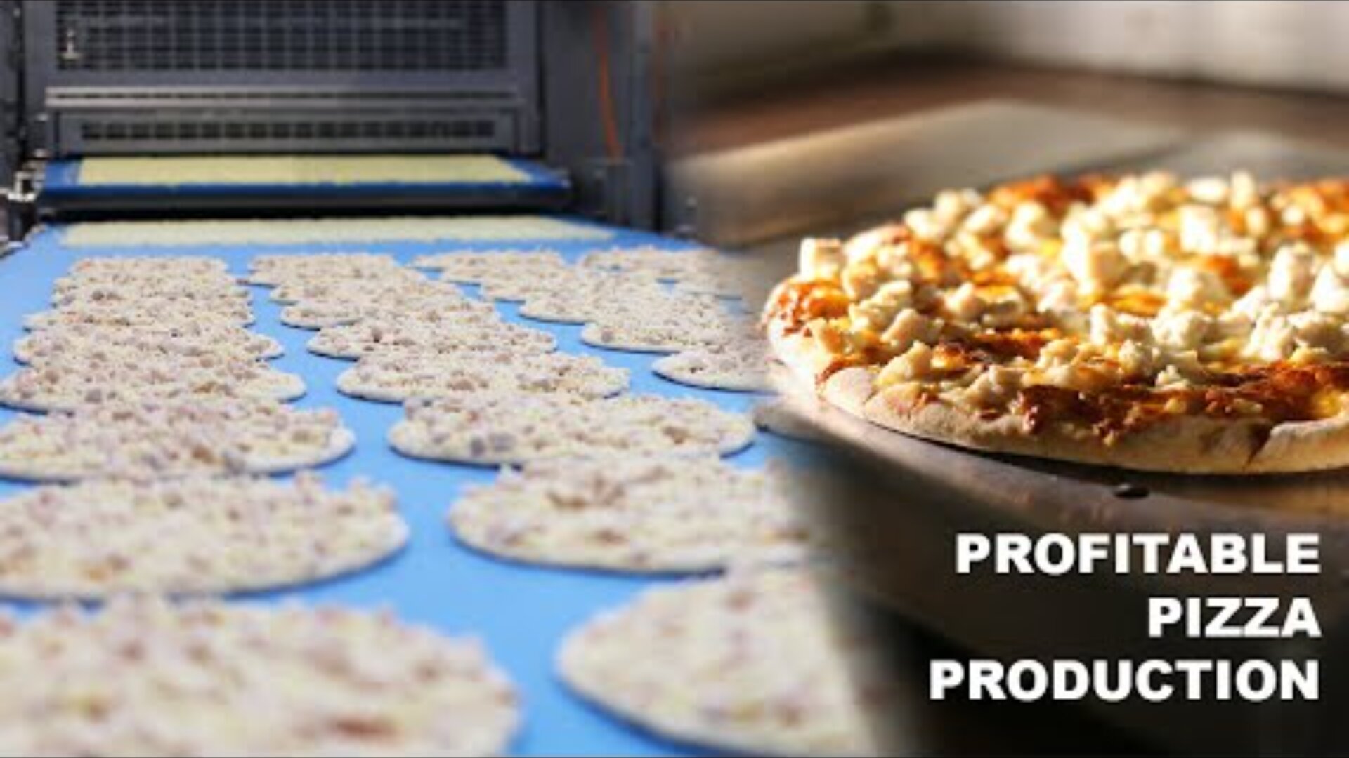 Assembly line with several raw pizzas on the left, a finished pizza on the right. The text reads PROFITABLE PIZZA PRODUCTION.