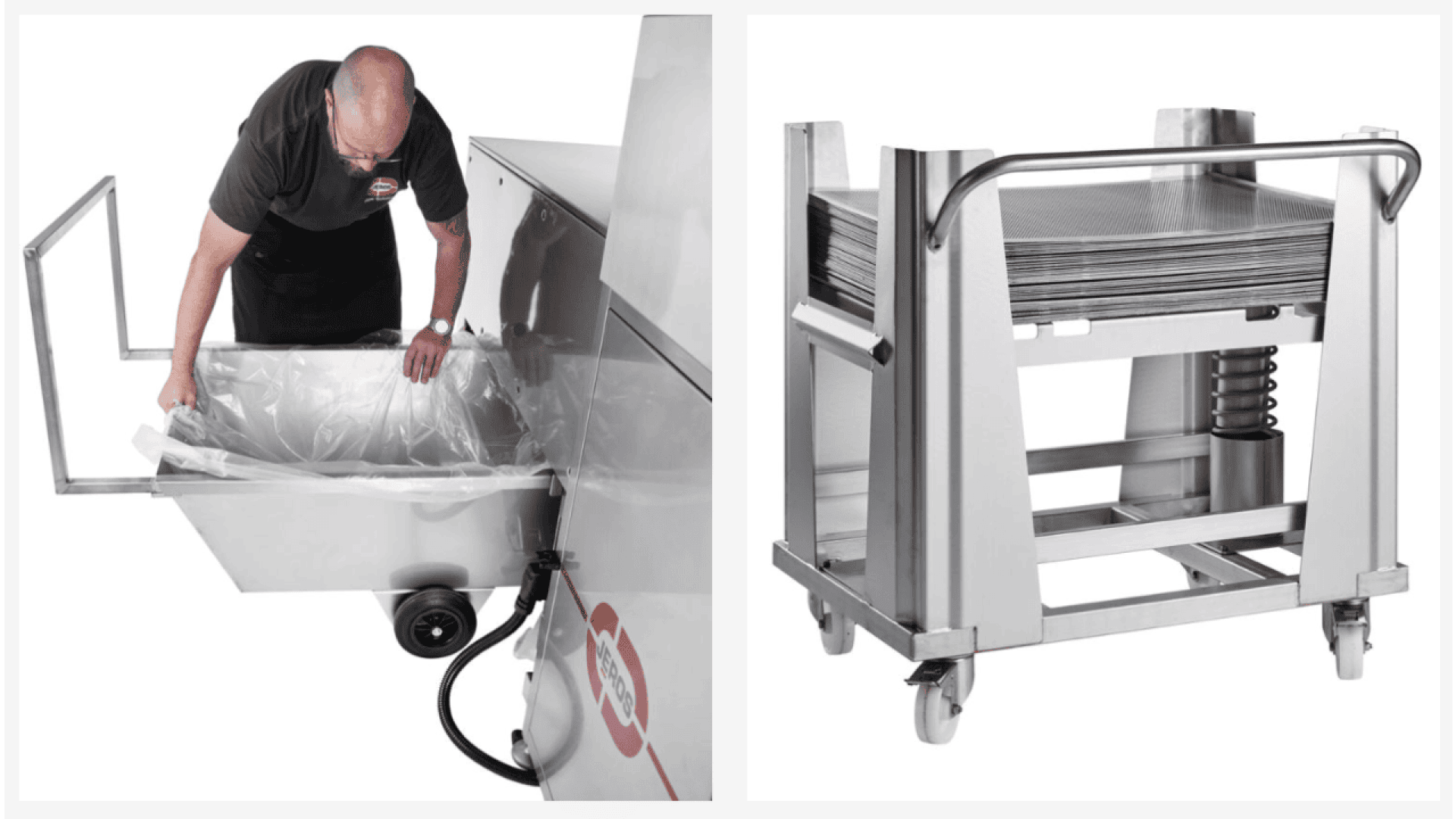A man places a liner inside a large industrial bin on the left; on the right, a metal cart holds stacked trays, both pieces of equipment are stainless steel and on wheels.