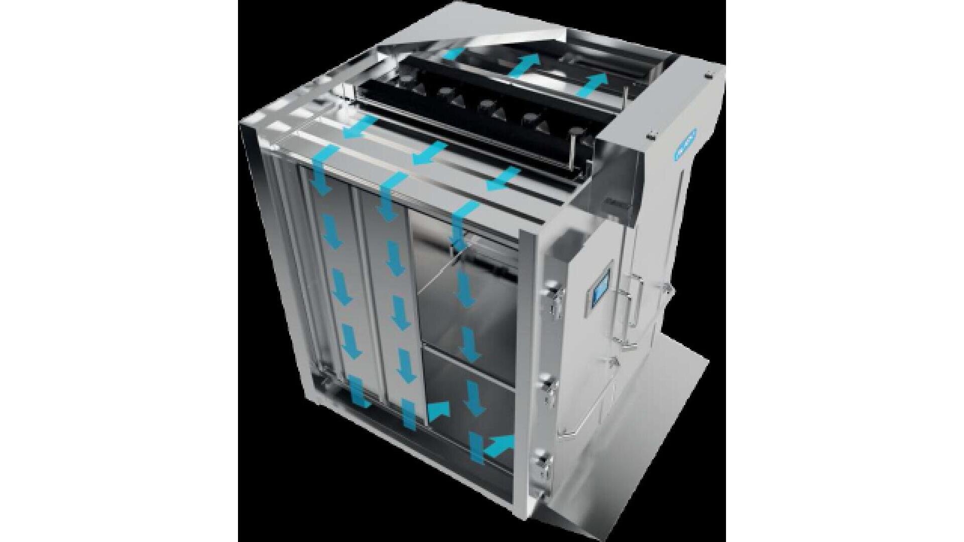 A metallic device with transparent panels shows blue arrows indicating airflow moving from the top and sides downward through internal compartments. The background is black.