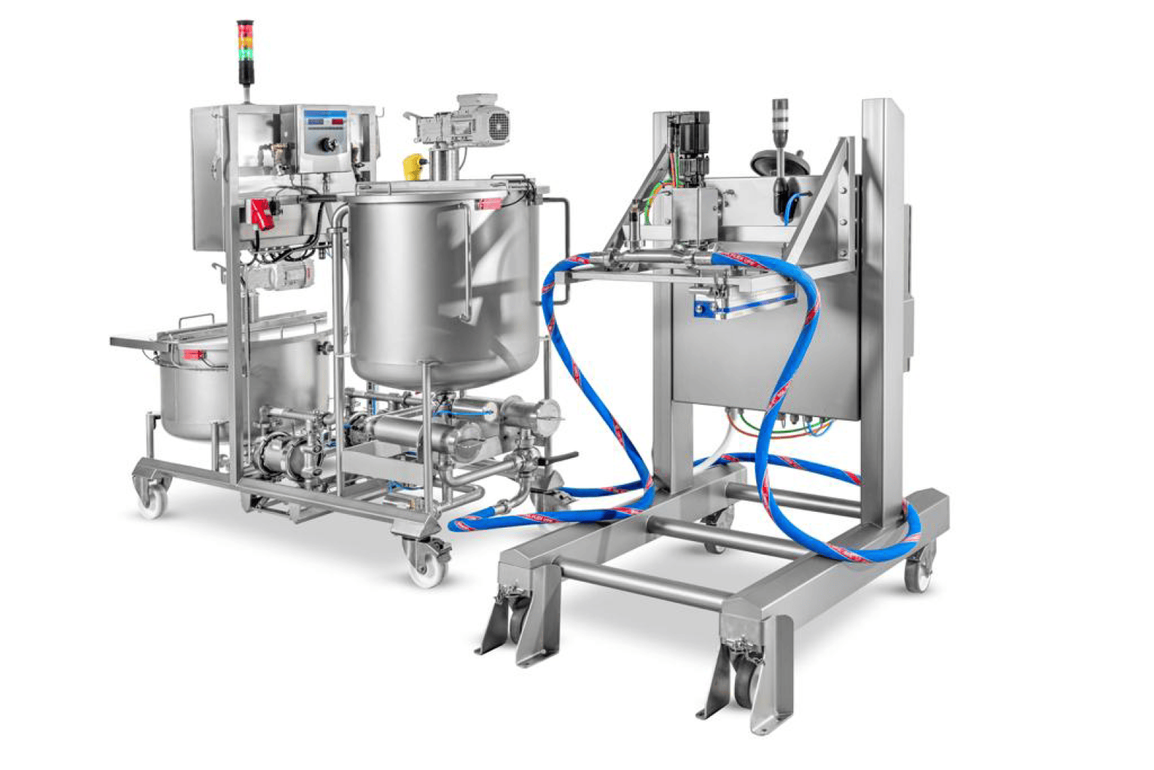 Stainless steel industrial mixing and processing equipment on wheels, with tanks, control panels, pipes, and blue hoses, used in food or pharmaceutical manufacturing.