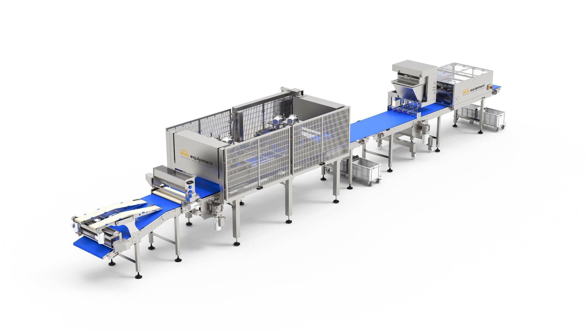 Industrielle Lebensmittelverarbeitungsmaschine mit mehreren Förderbändern und Metallkomponenten, mit geschlossenen und offenen Abschnitten, konzipiert für die automatisierte Montage oder Verpackung auf weißem Hintergrund.