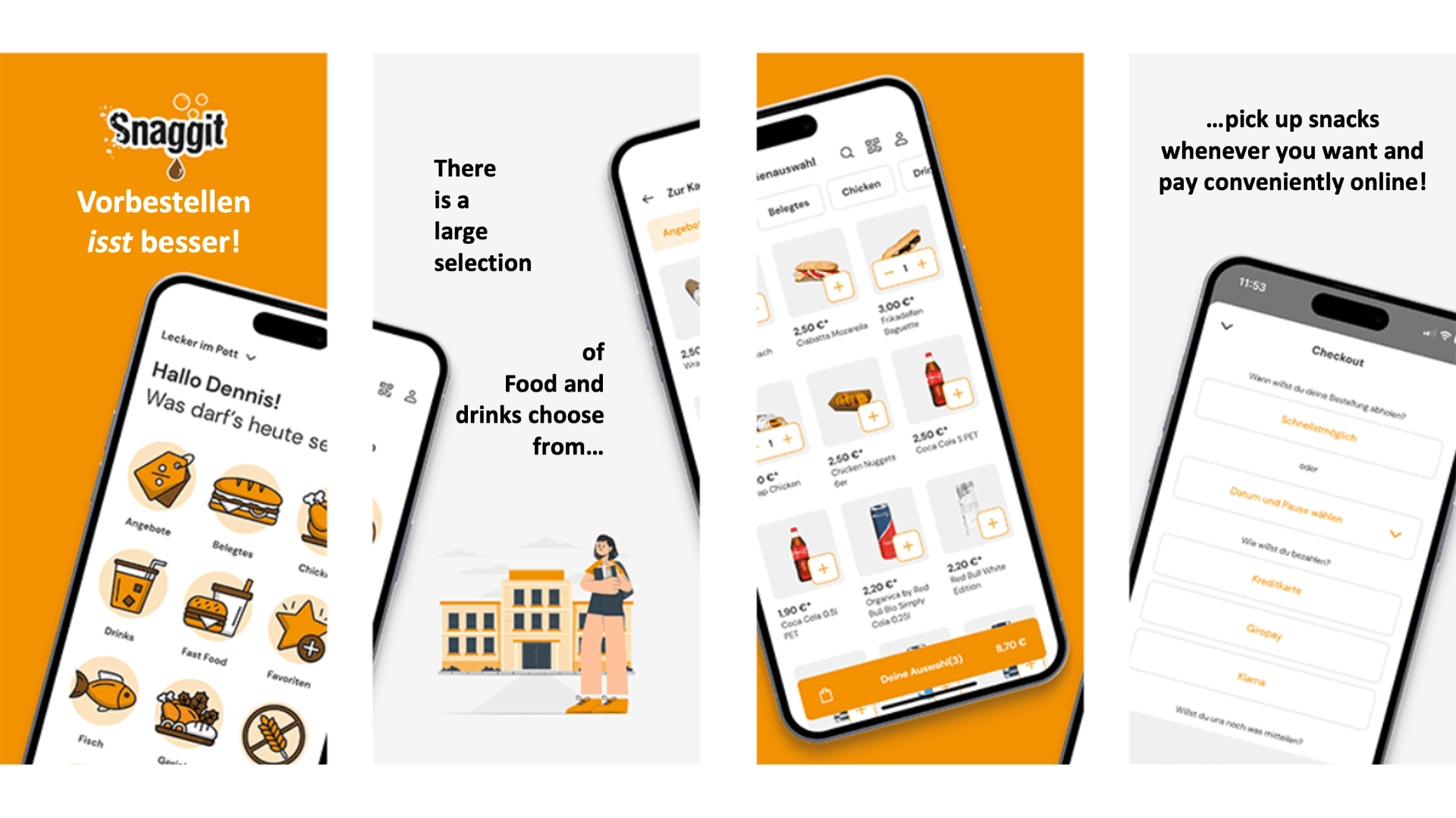 Four panels show the Snaggit app. The first welcomes the user, the second lists food options, the third shows a menu with snack choices, and the fourth displays a checkout screen for online payment. Orange and white colors dominate.