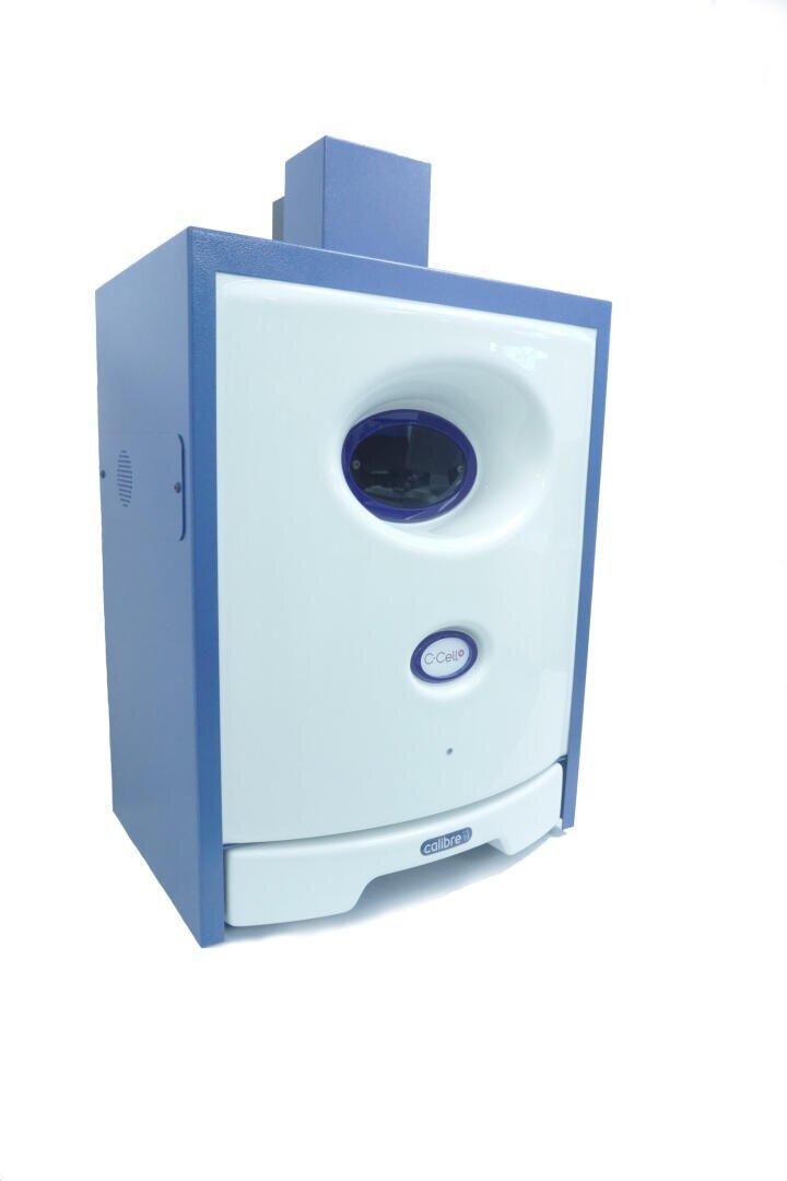A blue and white laboratory imaging instrument with a digital display, viewed from the front left angle, set against a white background.