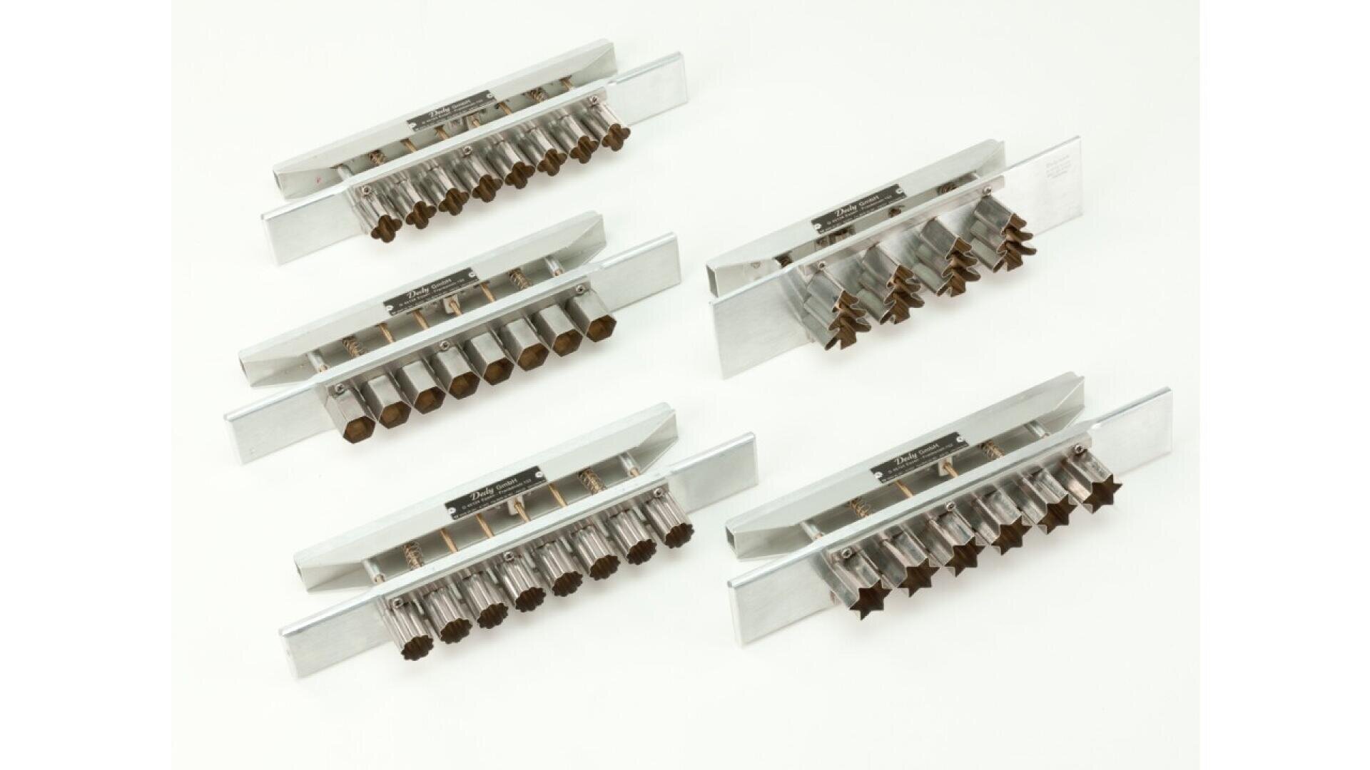 Five metal crimping tools are arranged in two columns on a white background. Each tool has a row of uniquely shaped dies for creating different crimp patterns in materials.