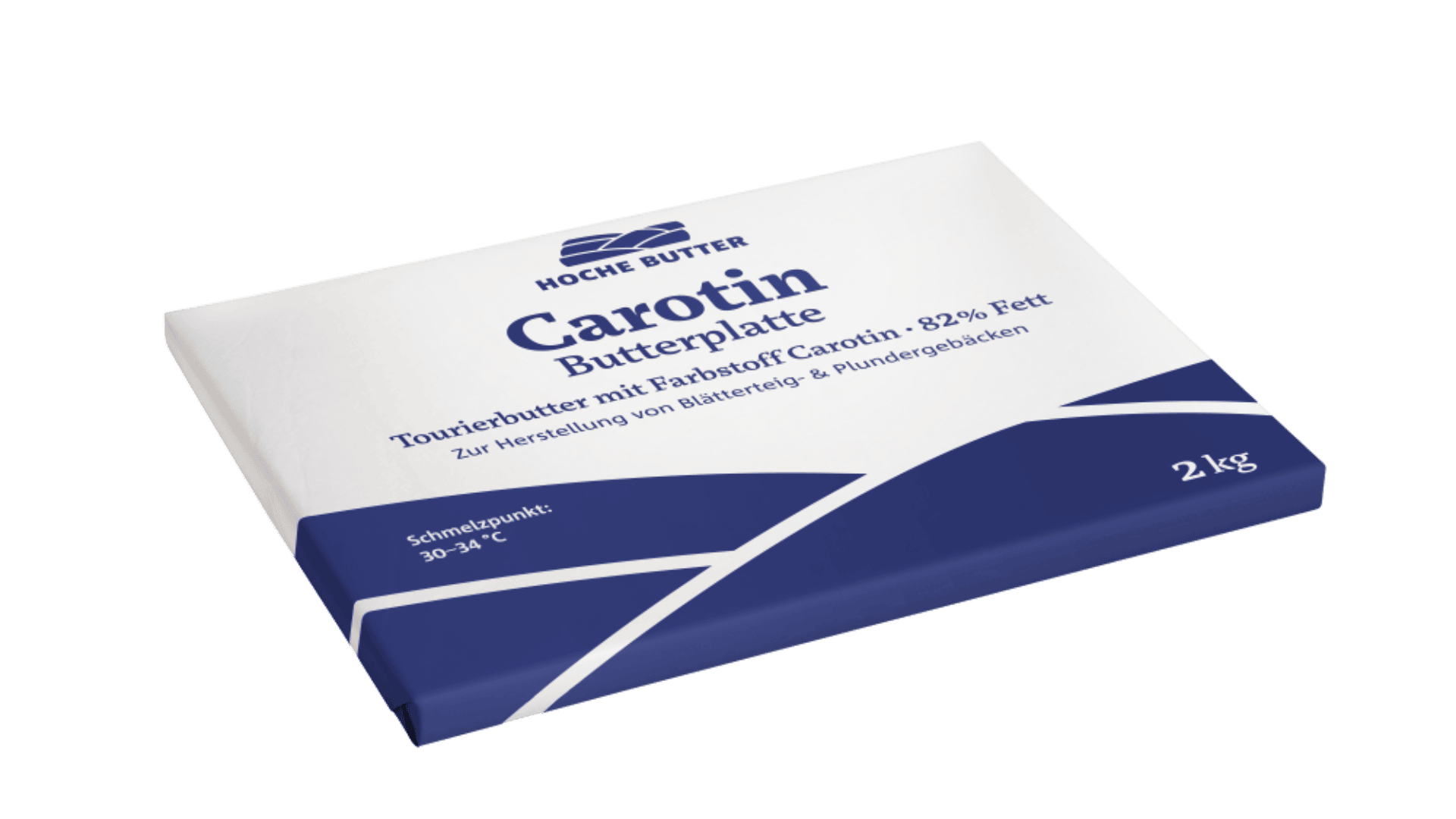 Eine 2 kg schwere rechteckige Packung Hoche Butter Carotin Butterplatte mit blauem und weißem Design. Auf dem Etikett steht, dass sie 82 % Fett enthält und für die Herstellung von Gebäck und Blätterteig verwendet wird.
