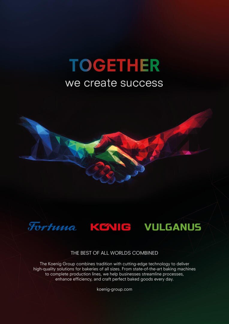 Zwei bunte, geometrische Hände schütteln sich vor einem schwarzen Hintergrund über den Worten „Gemeinsam schaffen wir Erfolg“. Darunter sind die Logos von Fortuna, Koenig und Vulganus mit einer Beschreibung ihrer Partnerschaft und Backtechnologie abgebildet.