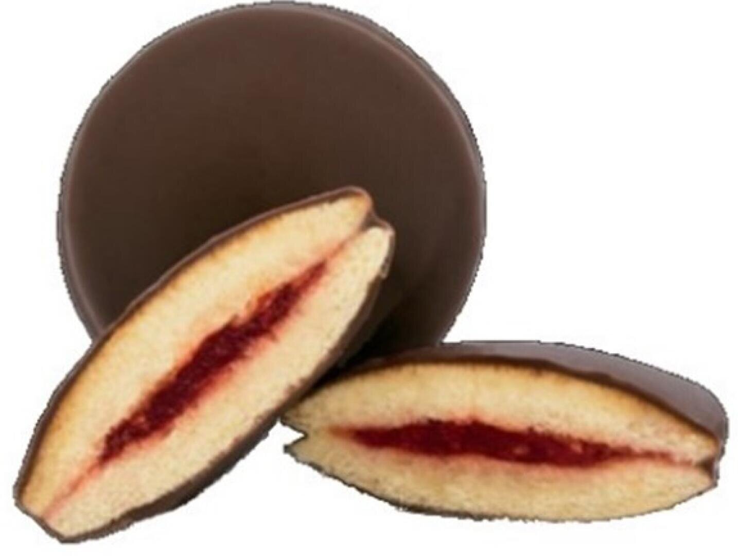 A round chocolate-covered biscuit with a layer of red jam inside, shown whole and cut in half to reveal the filling.