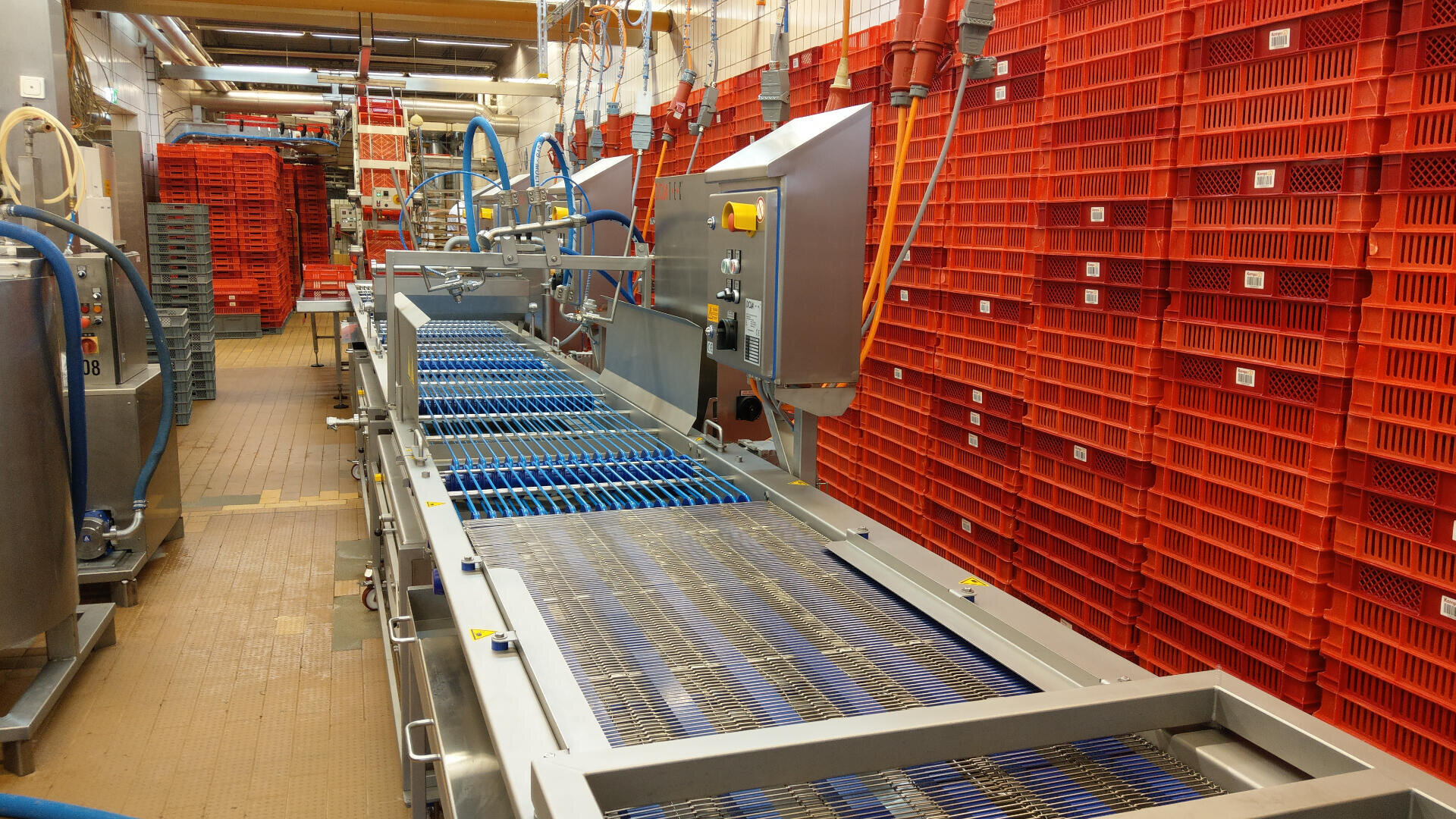A factory interior with a metal conveyor belt machine, blue plastic rollers, and numerous stacked red crates lining the walls, suggesting an automated food processing or packaging facility.