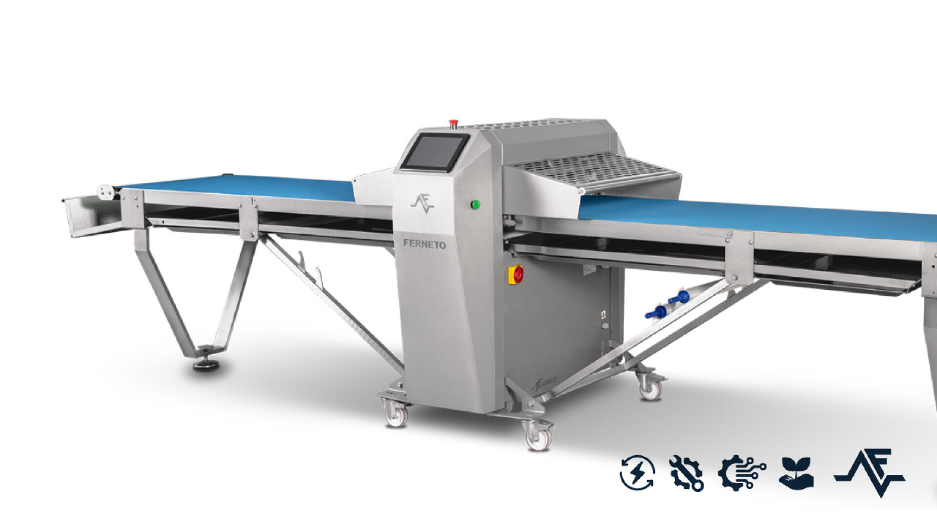 An industrial stainless steel conveyor machine with blue belt and digital control panel, designed for food processing. The background is white and various technical symbols are displayed in the bottom right-hand corner.