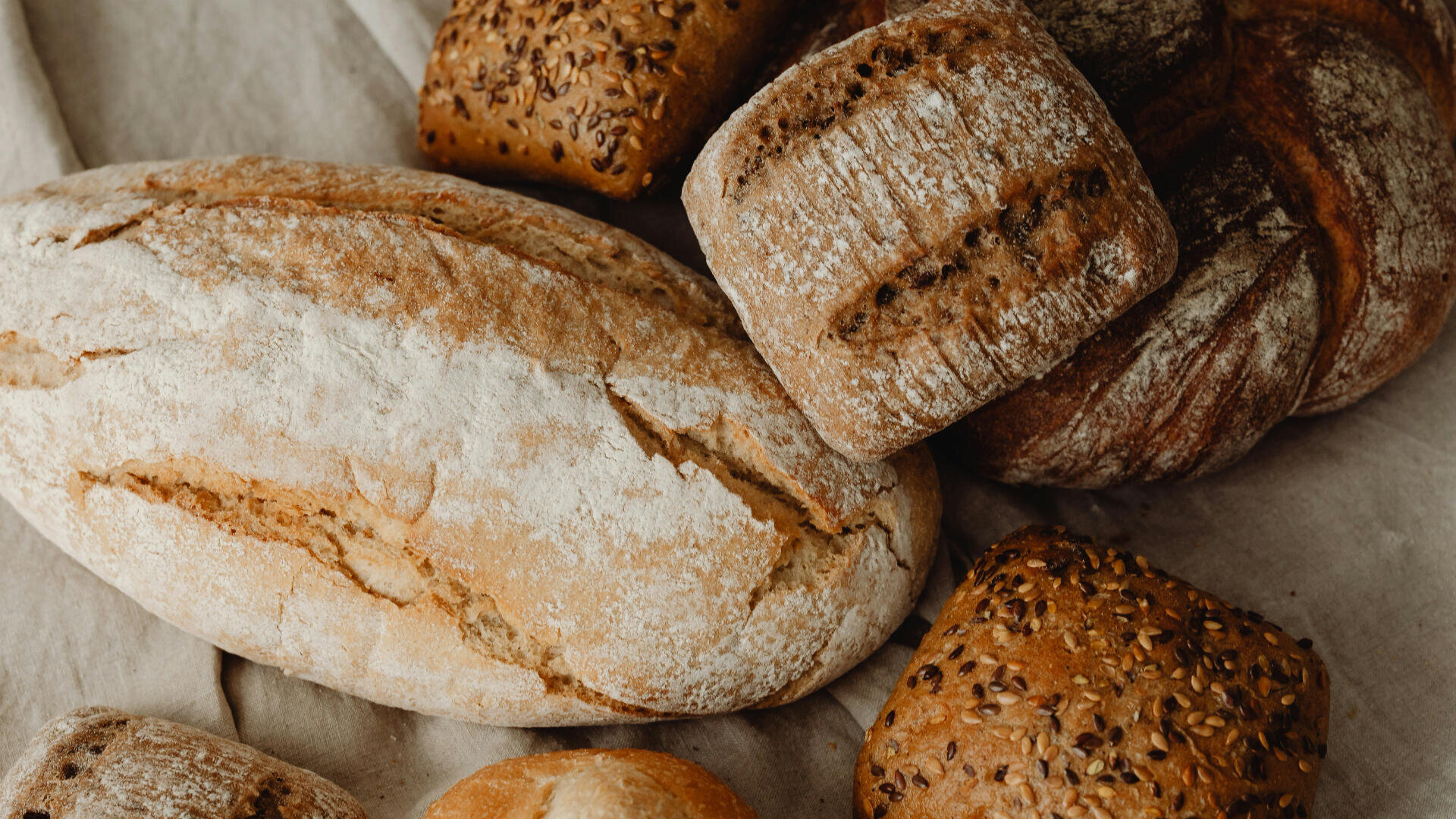 Assorted rustic bread loaves and rolls, including seeded and crusty varieties, displayed on a neutral cloth background.