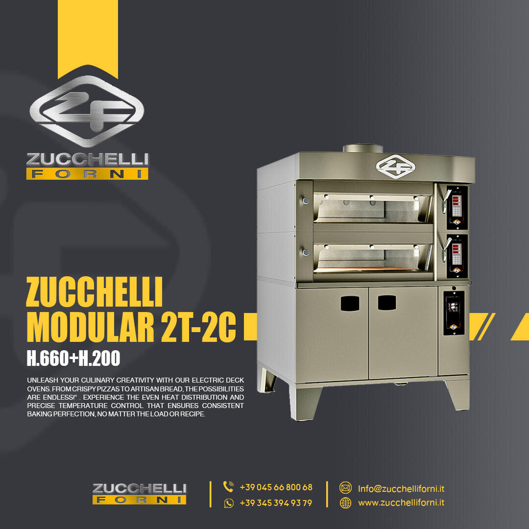 Advertisement for Zucchelli Fornis modular electric deck oven, model 2T-2C, shown in grey and stainless steel with digital controls. Company logo, website, and contact details are displayed on a yellow-grey background.